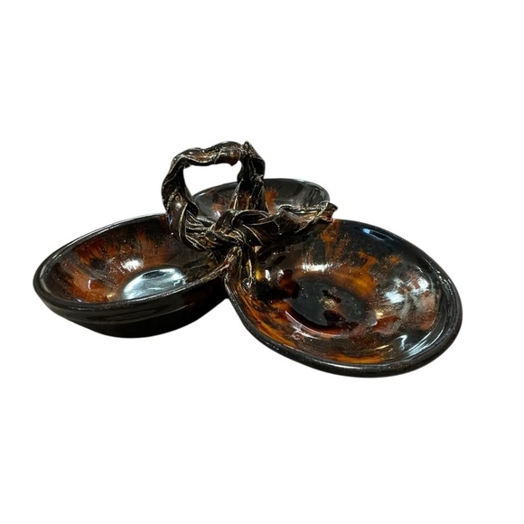 Pottery Art Glass Three Bowl Serveware Glossy Ornate - Picture 6 of 9